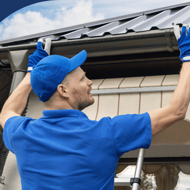 Home inspector wearing blue uniform and gloves standing on a ladder, inspecting a house's gutter system.