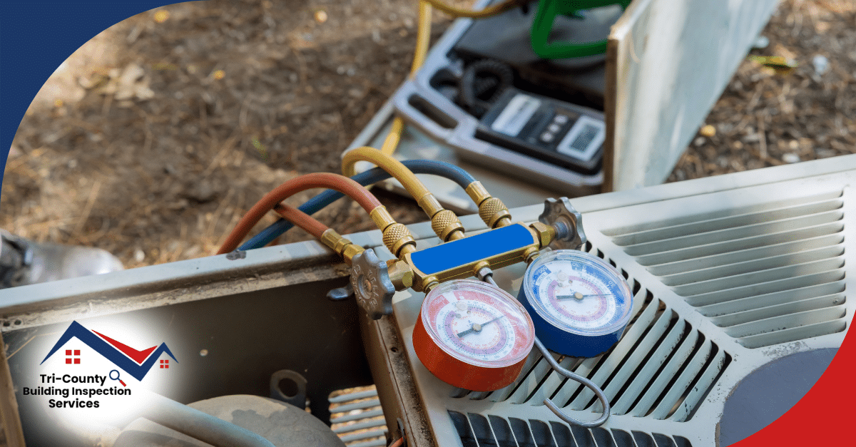 Manifold gauge set connected to an outdoor HVAC unit.