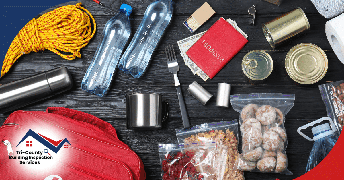 Emergency kit items laid out, including water, food, rope, utensils, and a passport.
