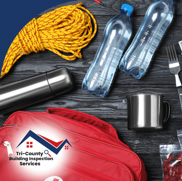 Emergency kit items laid out, including water, food, rope, utensils, and a passport.