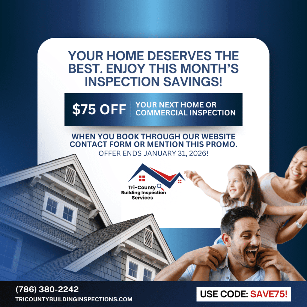 Tri-County Building Inspection Services promo: $75 off inspections with code SAVE75 through Jan 31, 2026.