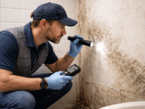 Home inspector wearing gloves checks mold growth on a bathroom wall using a flashlight and moisture meter during a home inspection.